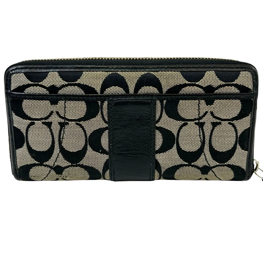 Vtg Coach Zip Around Accordion Wallet Black Signature Canvas Leather Buckle 8x4